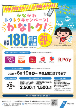 Kanatoku 神奈川県限定のキャッシュレス還元キャンペーン「かなトク!」が6/19(金)よりスタートします!かなトク!は、お得にお買い物が楽しめる神奈川県の生活応援事業。普段ご利用される対象の決済アプリで購入すると最大20%還元!